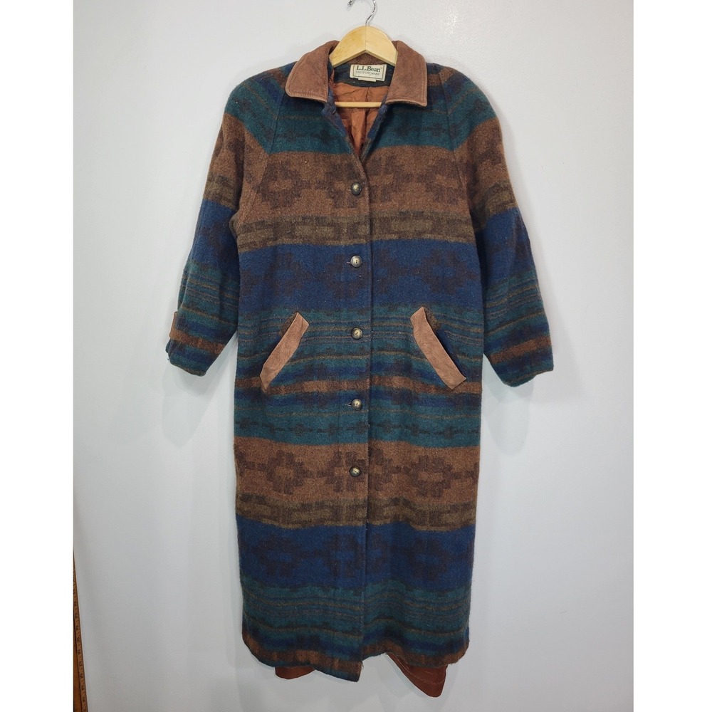 Vintage LL Bean Womens Southwestern Wool Long Duster Coat Brown Teal Blue